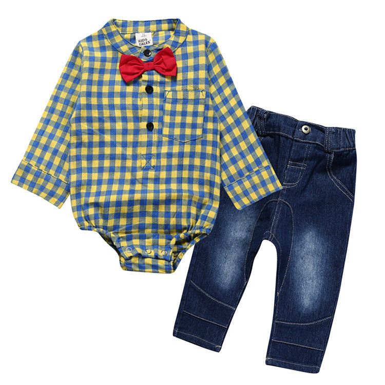 Boy Gentleman Plaid Suit Baby One-Piece Suit Bag Fart Clothes Jeans