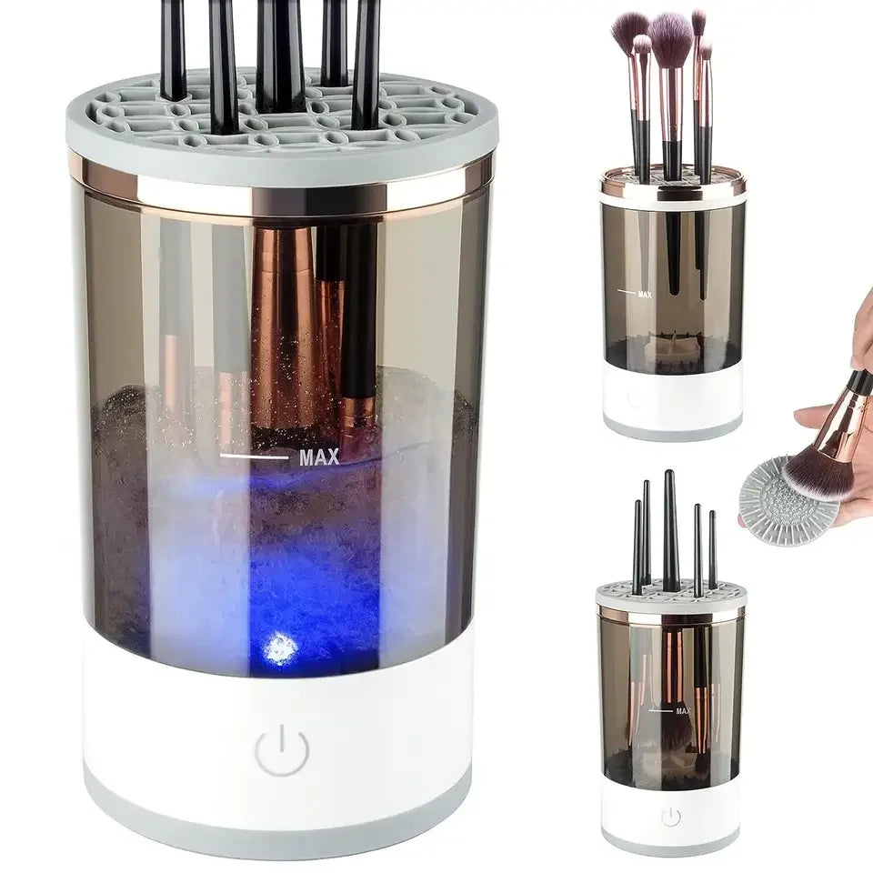 The Unik Store Automatic Electric Makeup Brush Cleaner features sonic vibration cleaning, a blue LED light, and a water-filled holder for brushes. Side images display brushes being inserted and cleaned in the device.