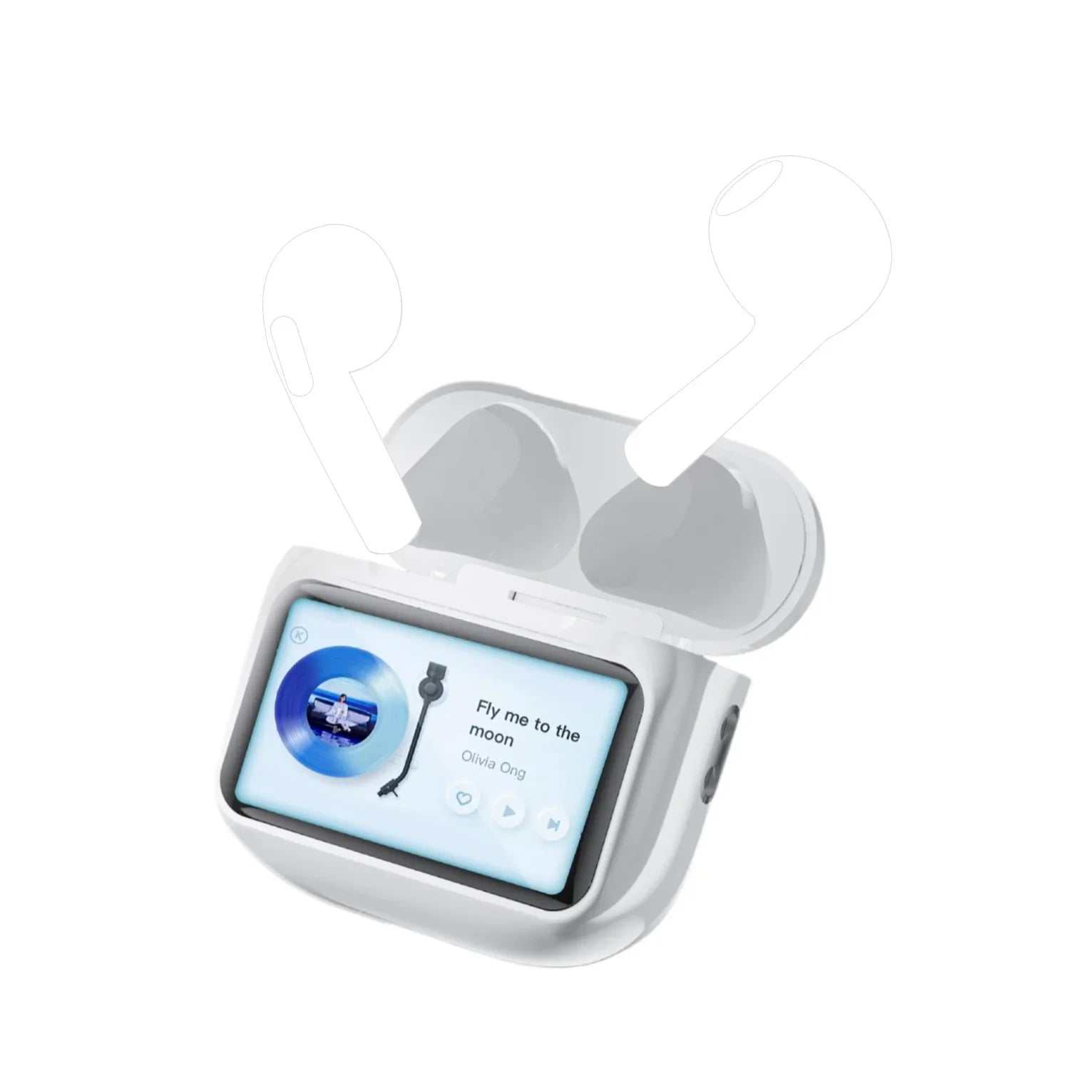 A pair of Unik Store A11 pro Blue Earphones Experience sound sit in an open case with a display showing music controls and Fly Me to the Moon by Olivia Ong, featuring advanced noise cancellation.