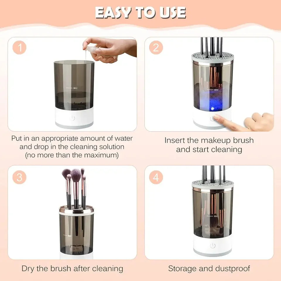 Step-by-step guide for the Unik Store Automatic Electric Makeup Brush Cleaner: add water and cleanser, insert brushes, activate to clean with sonic vibration, dry them, then store your brushes.
