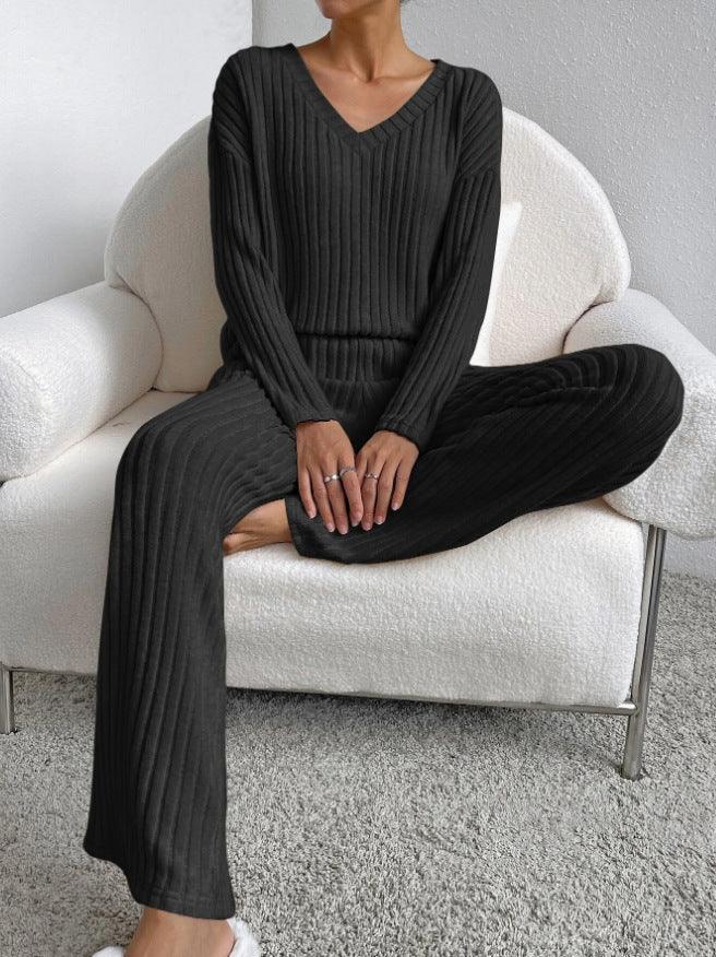 Fashion Solid Striped Suit V-neck Long-sleeved