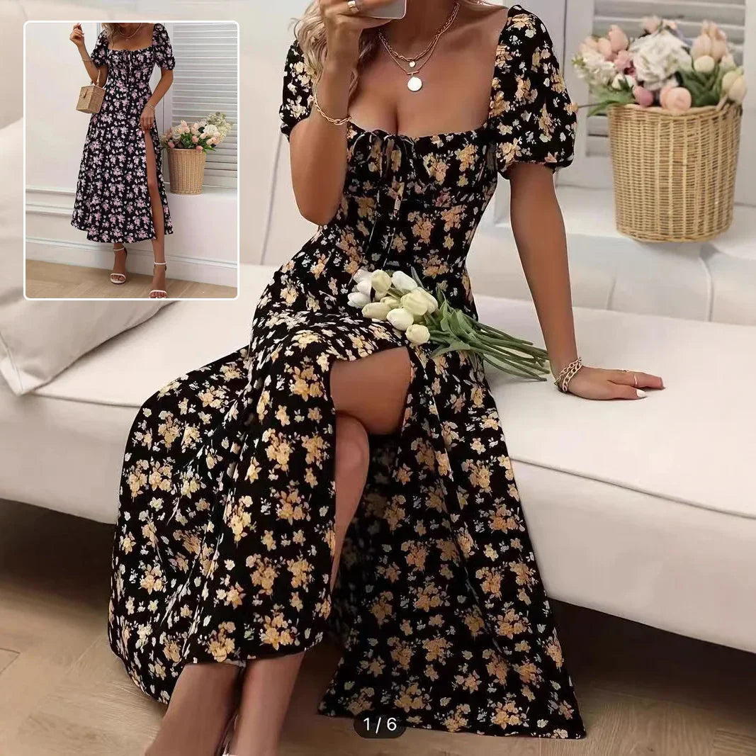 Floral Print Short Sleeve Split Dress Summer Fashion - 0 | Accessory Elegant