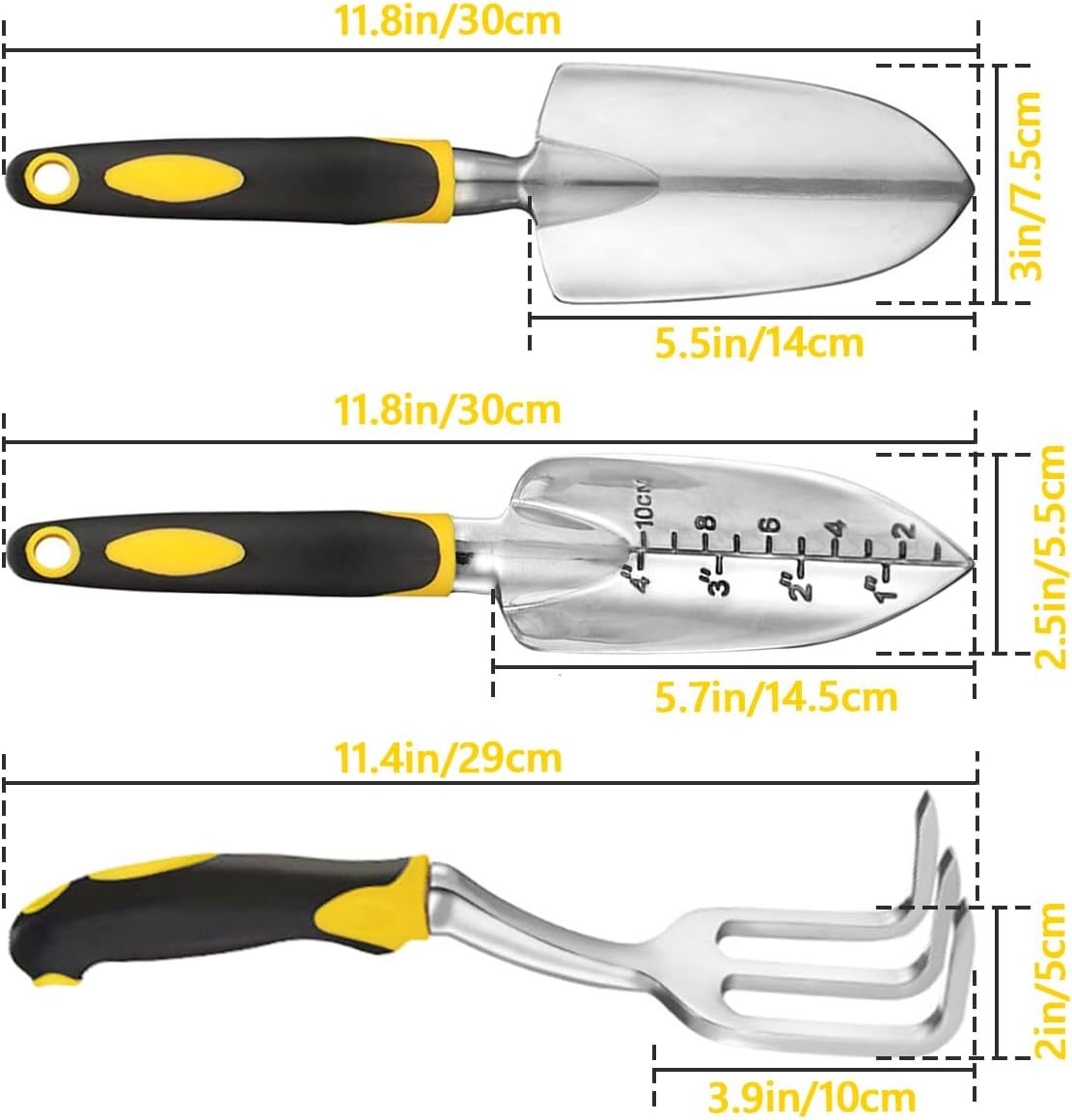 Gardening hand tools set | 3-piece heavy-duty | trowel, rake & more