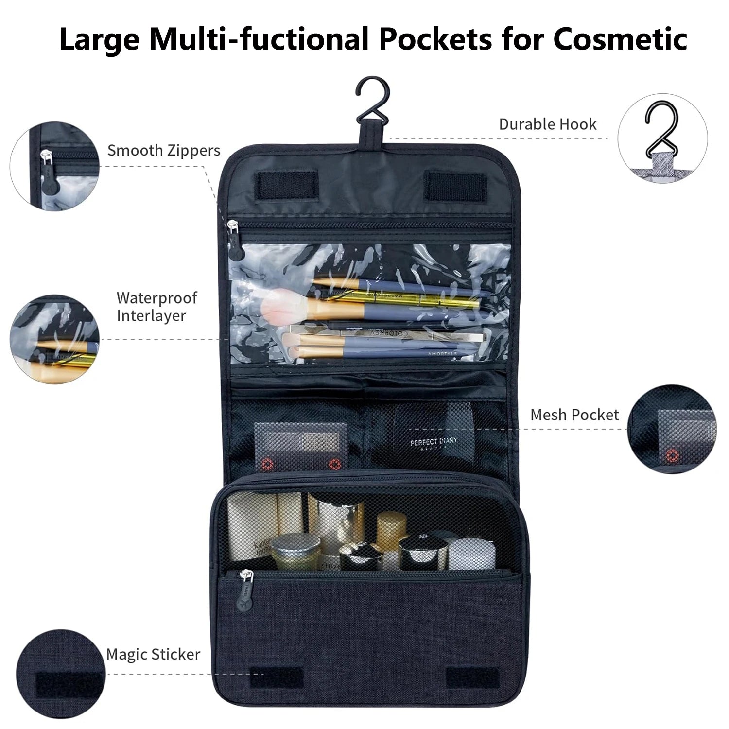 Portable Travel Cosmetic Bag Large Capacity  Waterproof Toiletry Bag  with Hanging Hook for Men and Women Bathroom Storage Bag