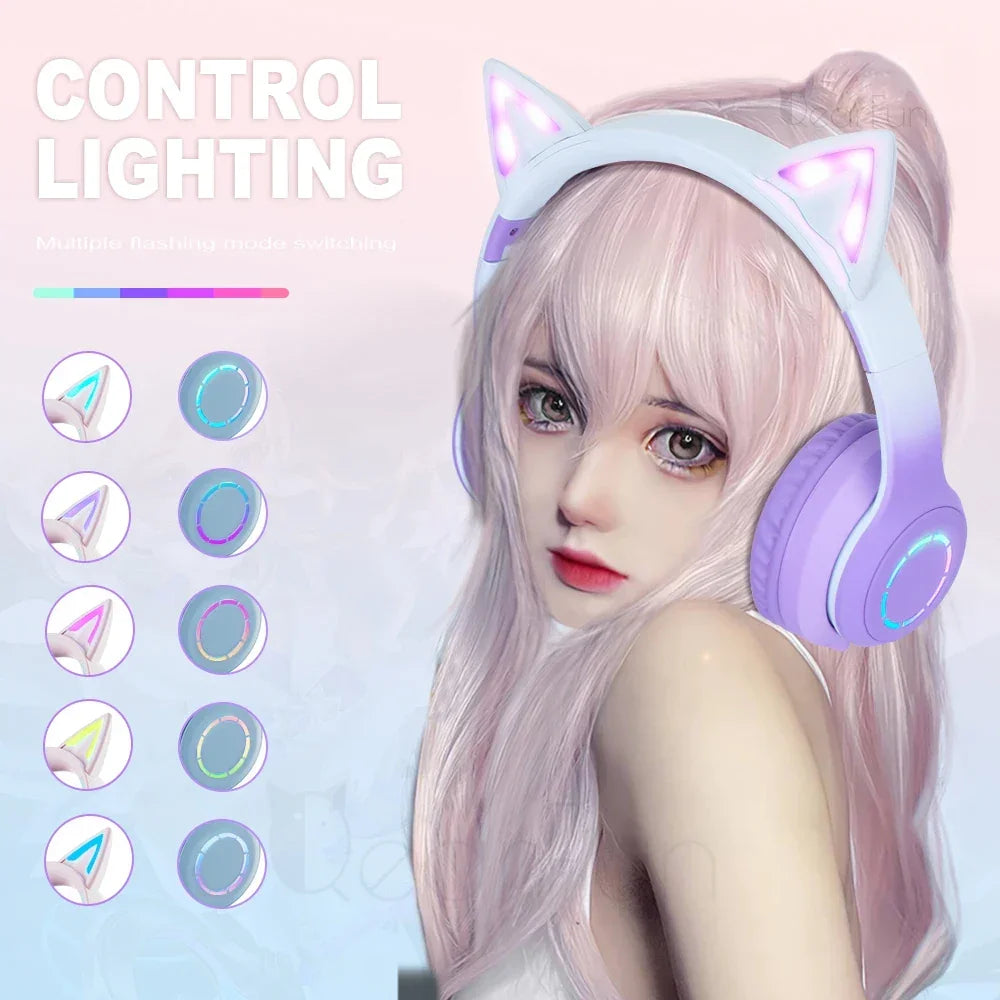 Qearfun Gradient Cat Ear Headphones Mic | Pink - Gaming Pads | Bluetooth Smart (View 2)