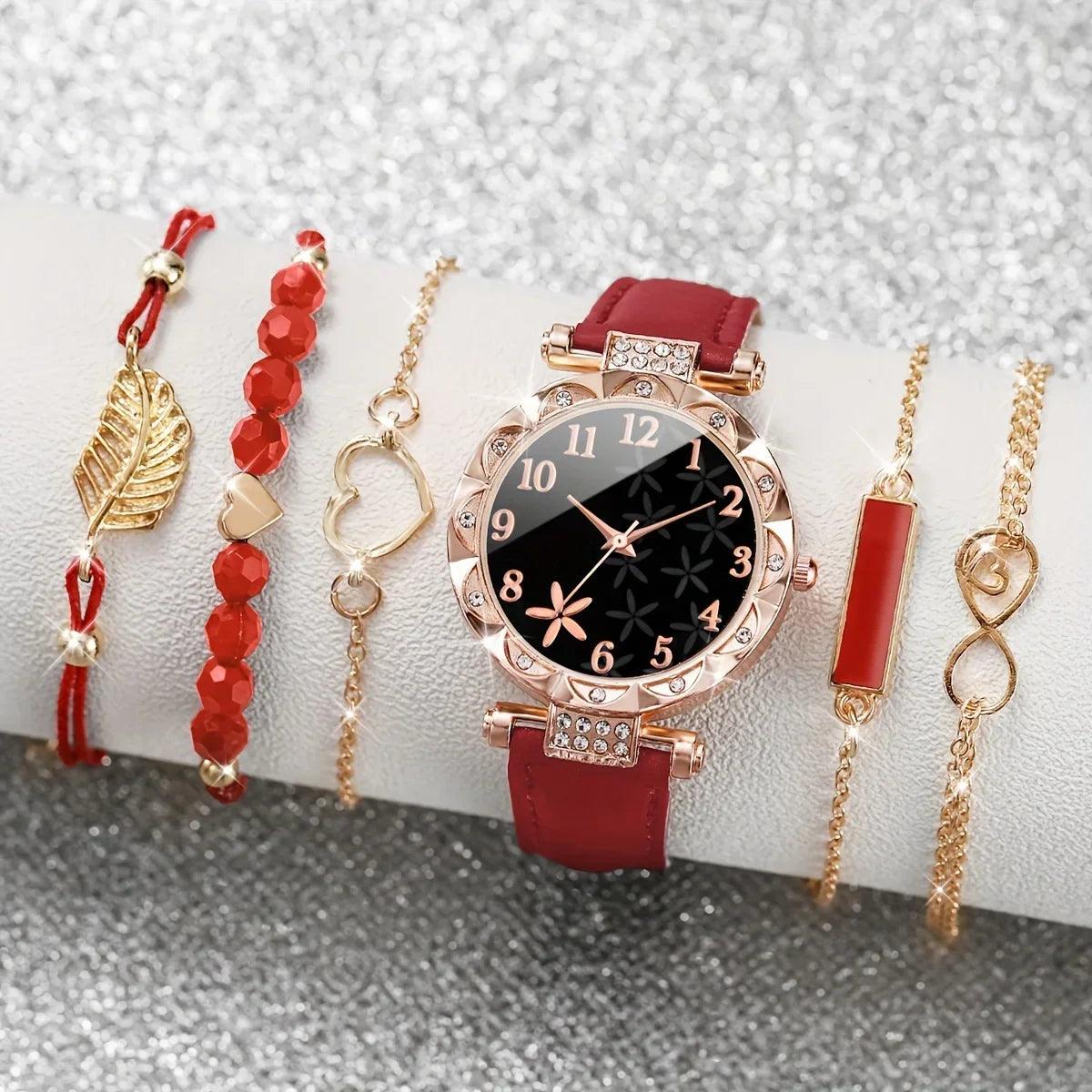 6 Pcs Red Quartz Watches And Bracelet Jewelry For Women - Unik Store