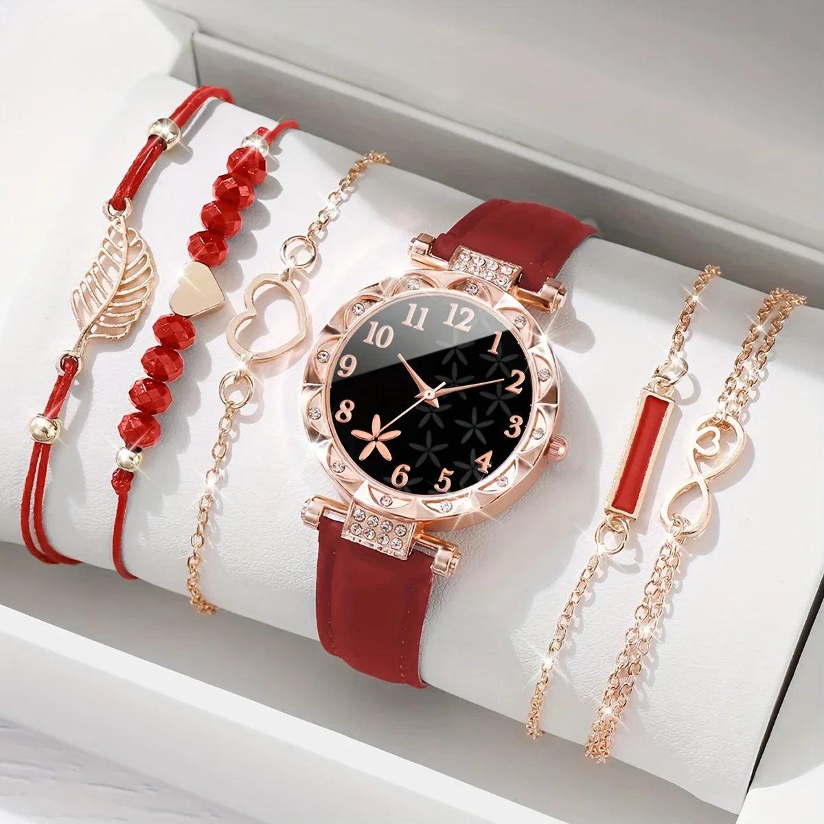 6 Pcs Red Quartz Watches And Bracelet Jewelry For Women - Unik Store
