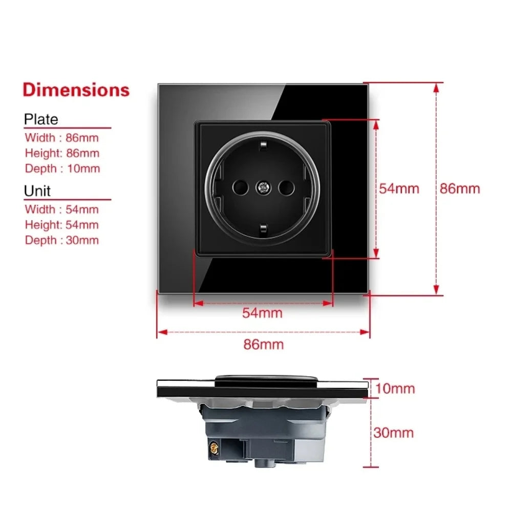 Shawader Wall Power Sockets Tempered Crystal Glass Panel