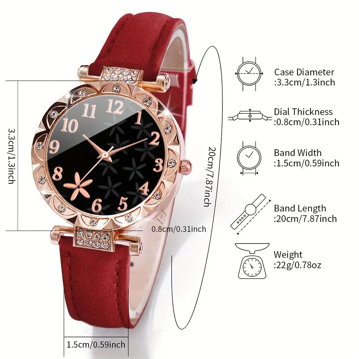 6 Pcs Red Quartz Watches And Bracelet Jewelry For Women - Unik Store