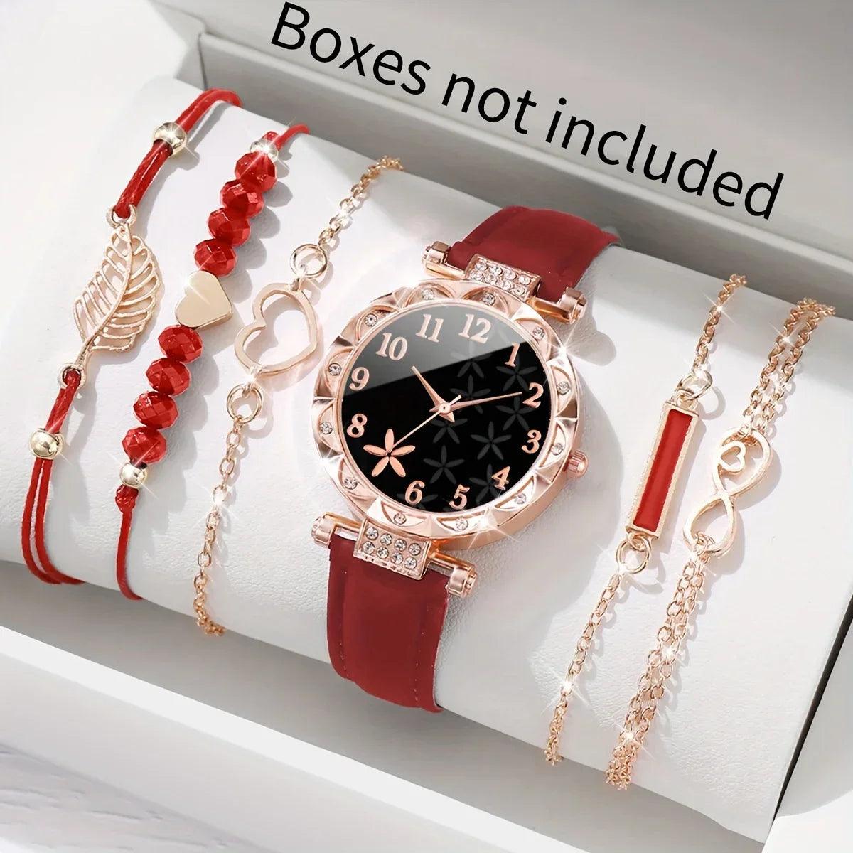 6 Pcs Red Quartz Watches And Bracelet Jewelry For Women - Unik Store