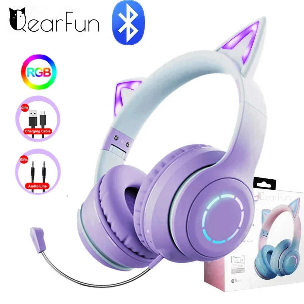 Qearfun Gradient Cat Ear Headphones Mic | Pink - Gaming Pads | Bluetooth Smart