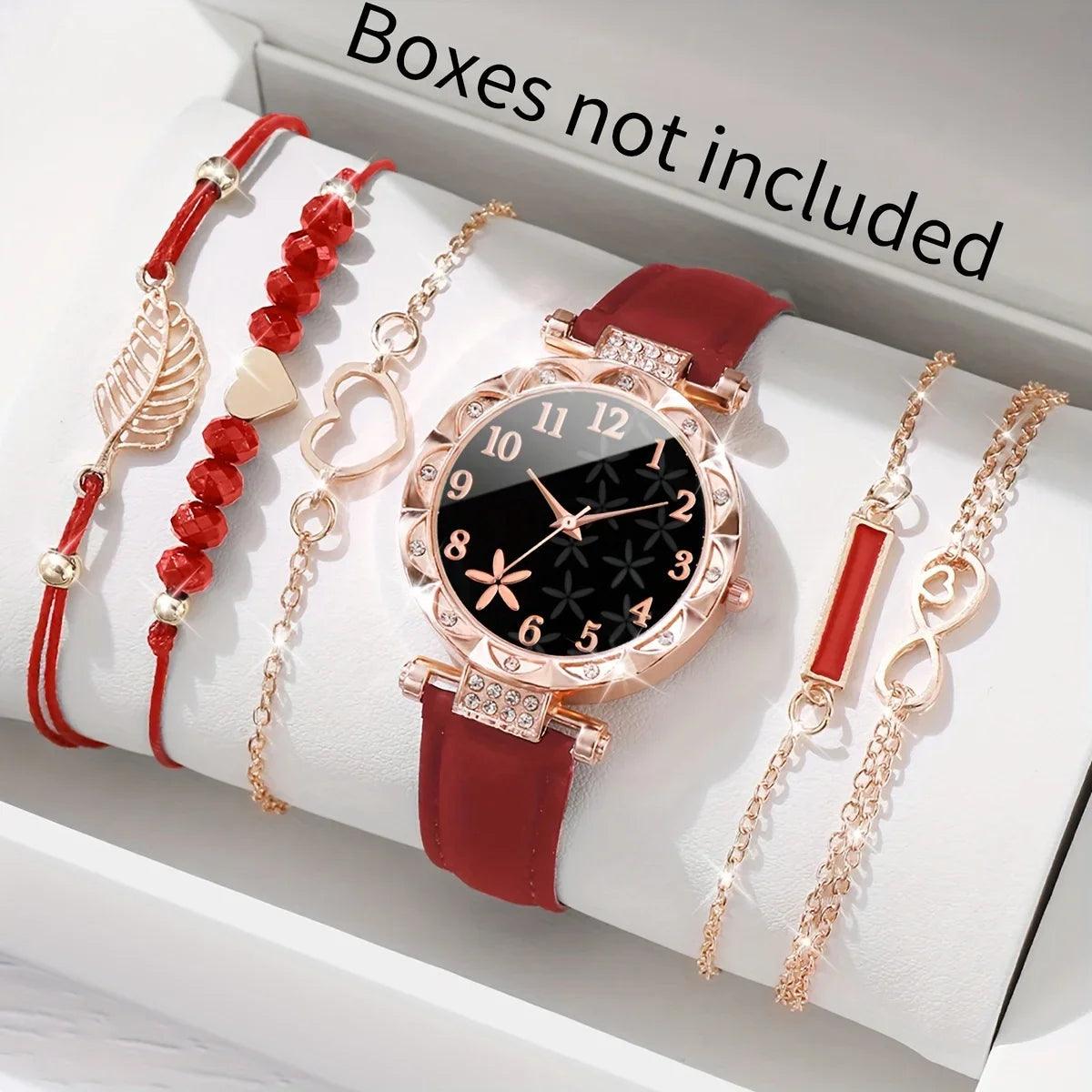 6 Pcs Red Quartz Watches And Bracelet Jewelry For Women - Unik Store