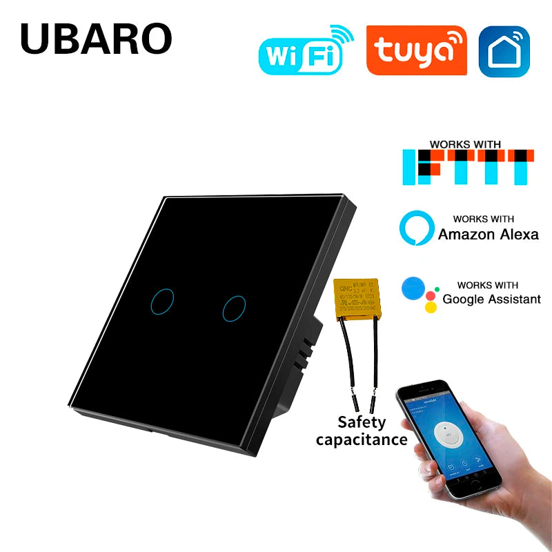 Ubaro Tuya WiFi wall switch | 2-gang | works with Alexa, Google & Yandex