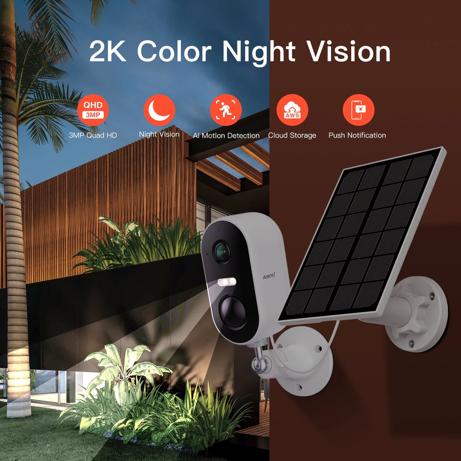 ARENTI 2K 3MP Powered Outdoor Wireless Security Camera，Battery Solar Powered，AI Motion Detection, Spotlight, Color Night Vision.