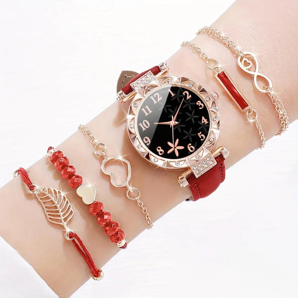 6 Pcs Red Quartz Watches And Bracelet Jewelry For Women - Unik Store