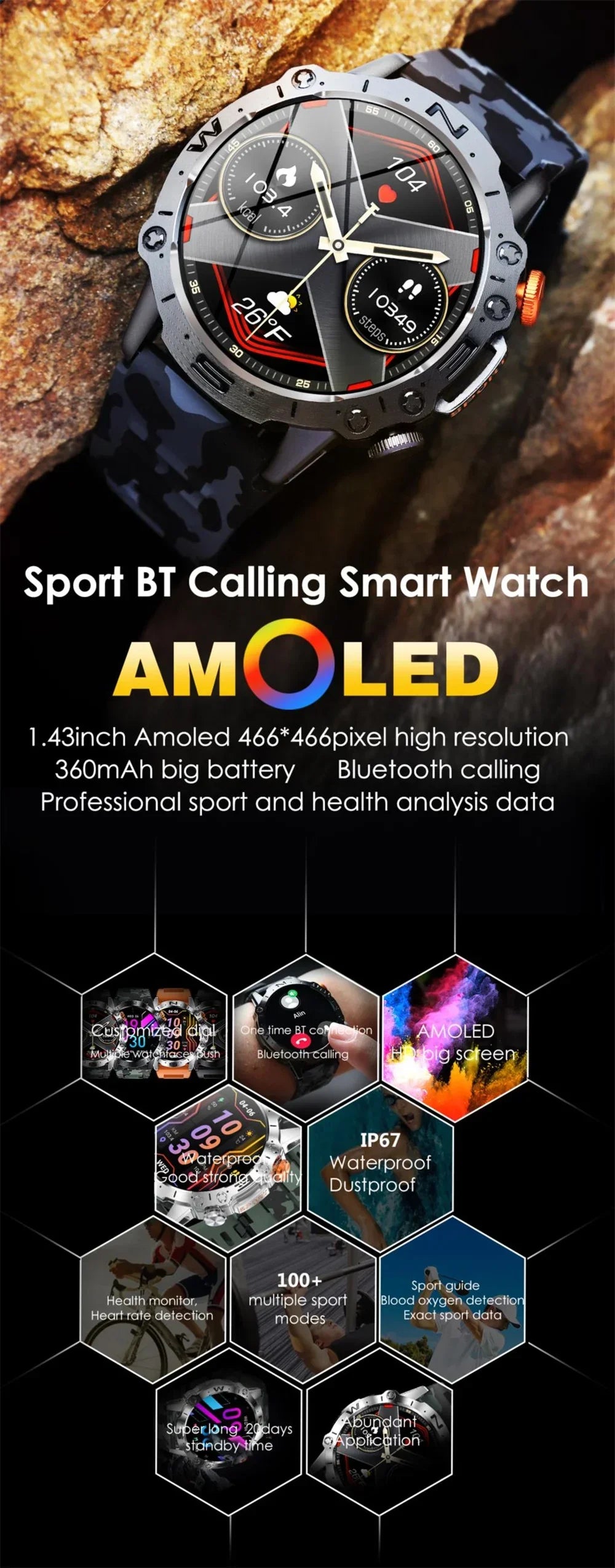Watch K59 Amoled Display Bt Call | 360mah Smart - Home & Garden > Lighting | Accessory Bluetooth (View 7)