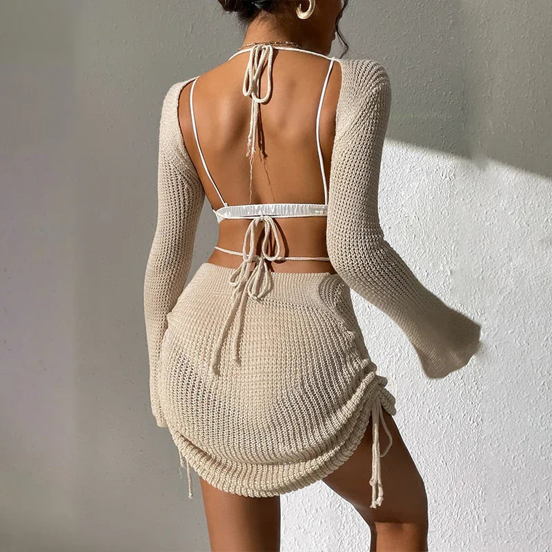 Beach Dress Womens Solid Color Knitted Hollow - Women's Beachwear | Beach Black (View 2)