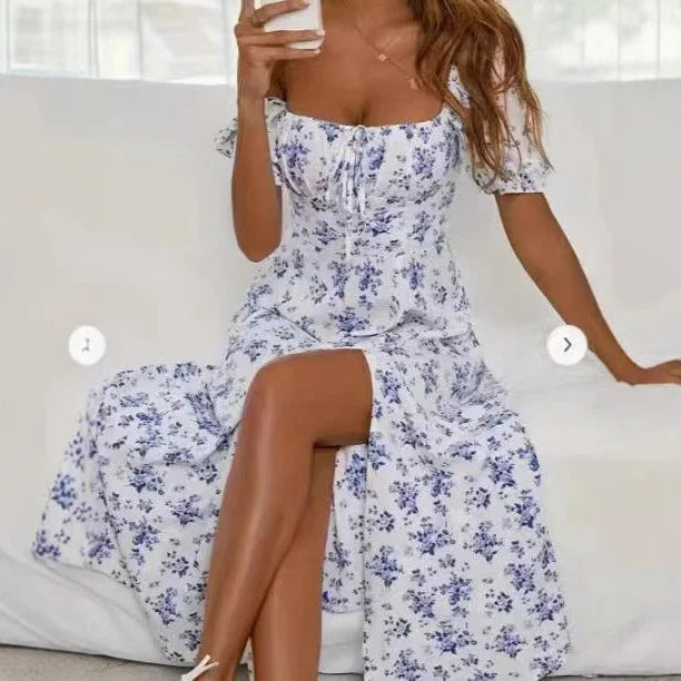 Floral Print Short Sleeve Split Dress Summer