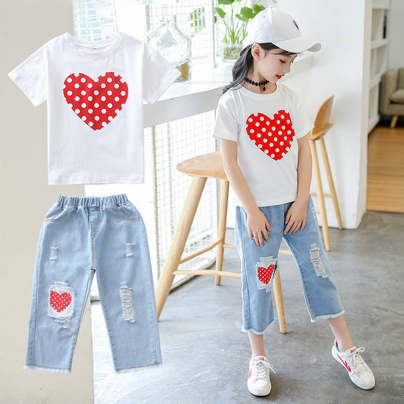 Girls White T-shirt Ripped Jeans Kids Suit