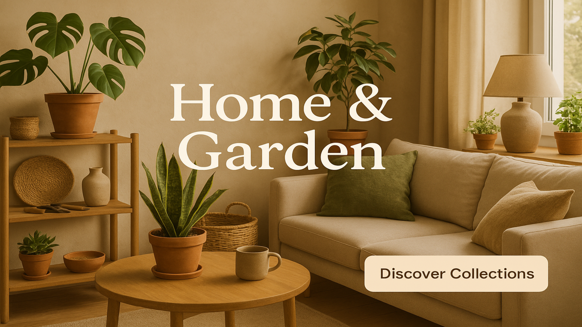 Living room with beige sofa, coffee table, and shelves with plants and decor.