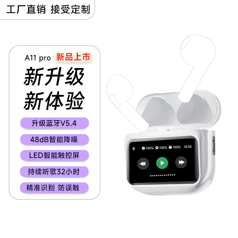 Unik Store’s A11 pro Blue Earphones offer Bluetooth 5.4, noise cancellation, long battery life, and touch controls. Shown with an open charging case featuring a small screen displaying music controls and feature highlights in Chinese.