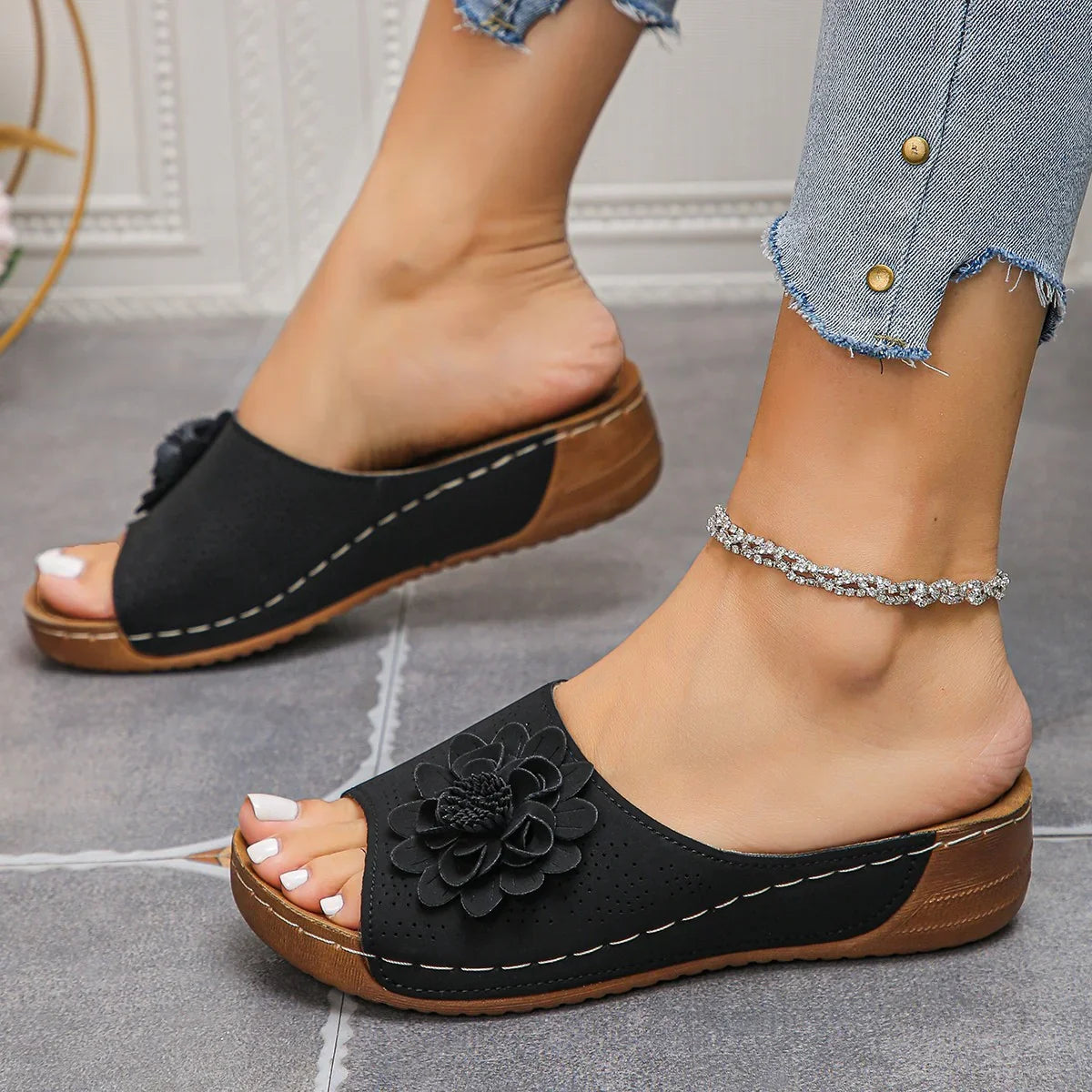 Flower Wedges Sandals Summer Fashion Retro Hollow - 0 | Black Flower (View 5)
