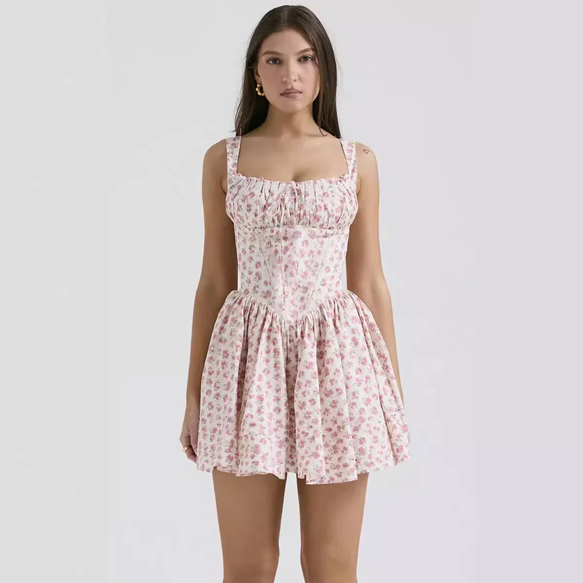 Slimming Floral Halter Dress with Puffy Skirt Design