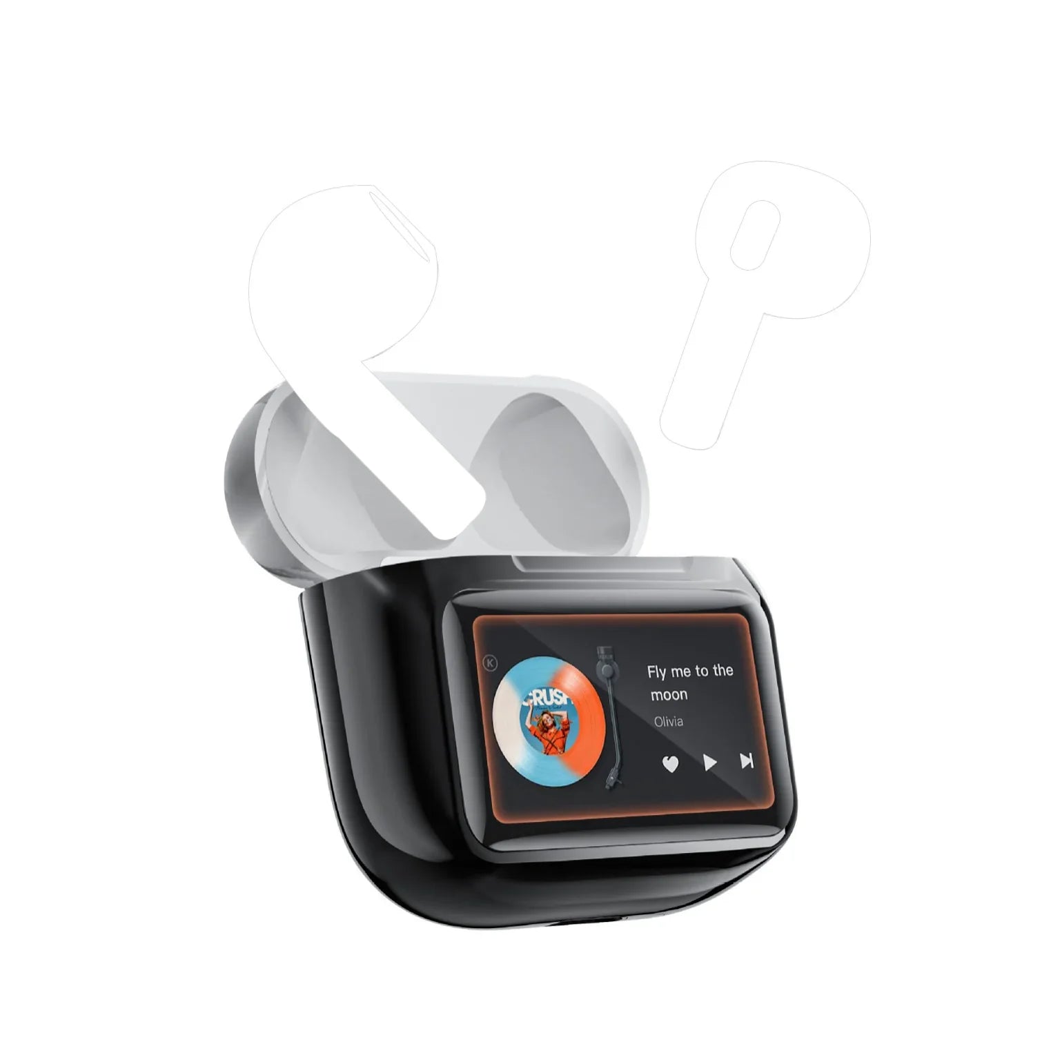 A pair of Unik Stores A11 pro Blue Earphones rest in an open black charging case with a built-in touchscreen music player display, album artwork, and advanced noise-cancelling technology for an immersive sound experience.