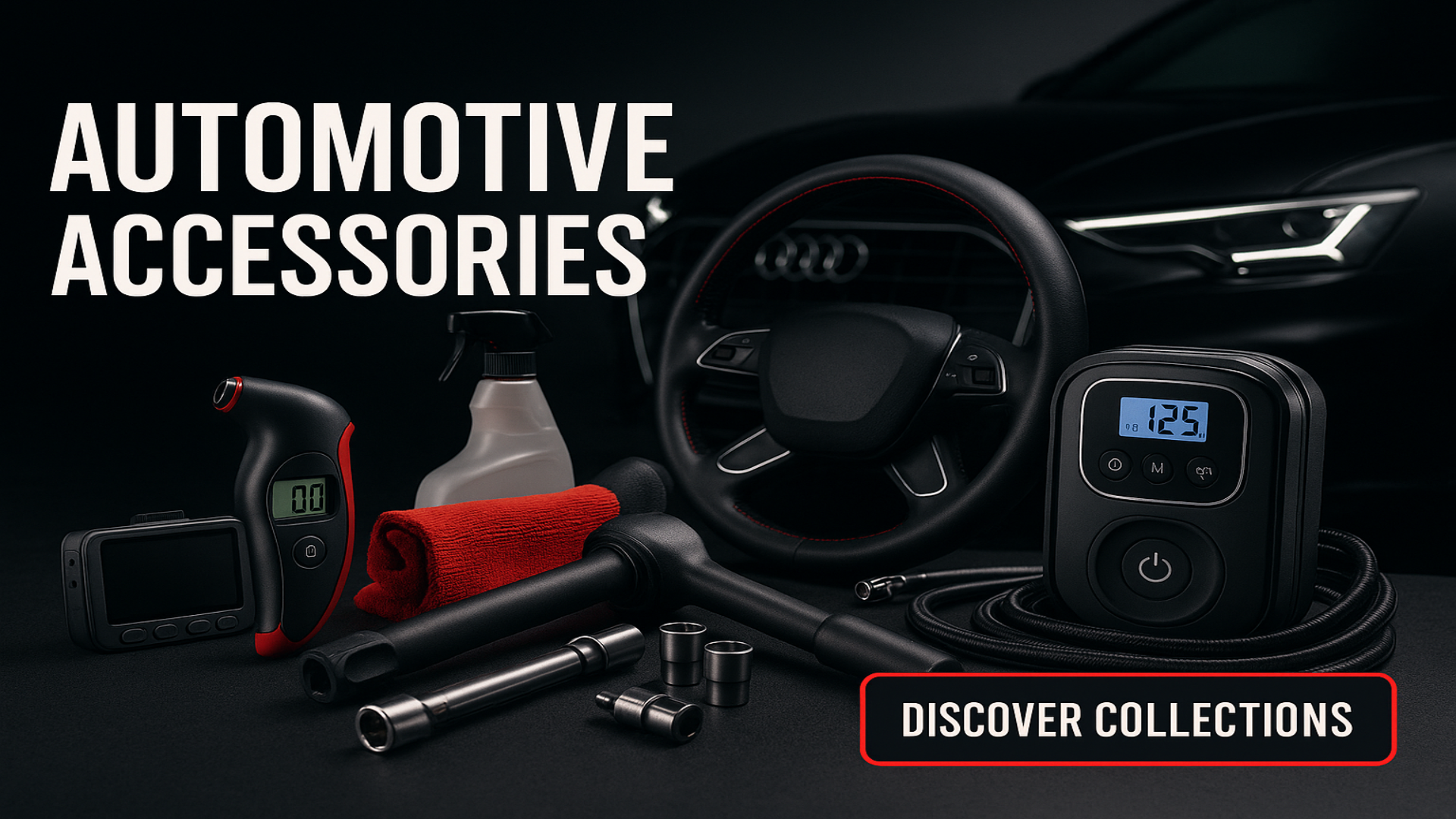 Automotive accessories including a tire pressure monitor, air compressor, and tools on a dark background with 'Automotive Accessories' text.