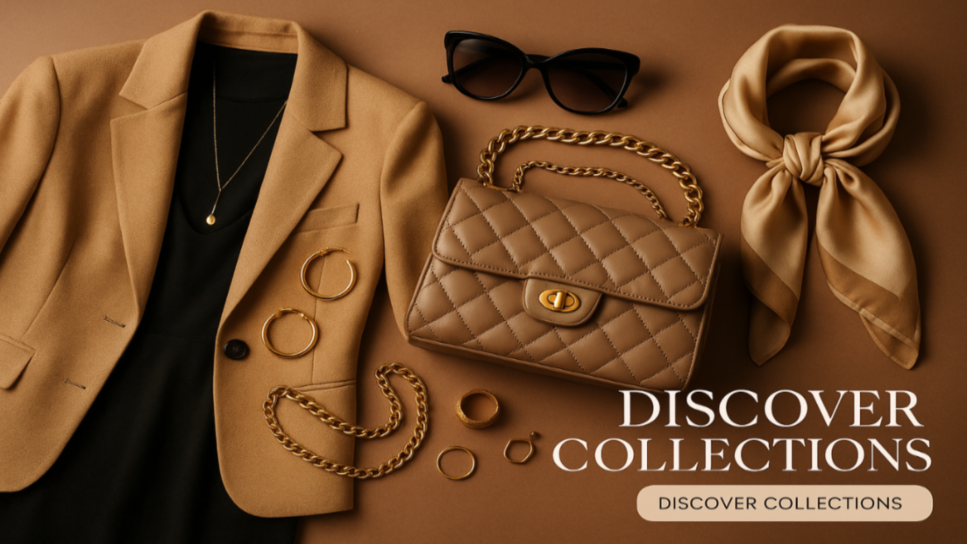 Fashionable outfit with tan blazer, handbag, sunglasses, and scarf on a brown background.