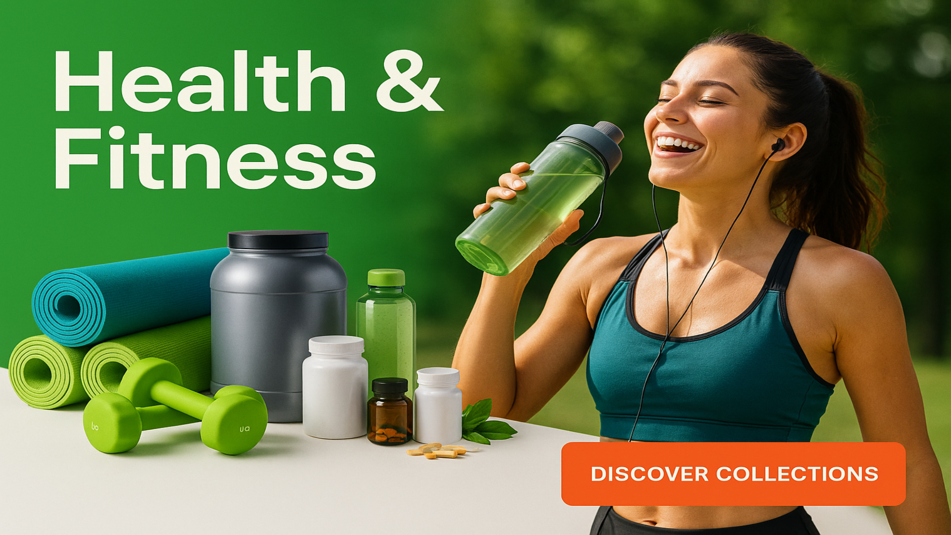 Woman holding a green water bottle with health and fitness items on a table, against a green background.
