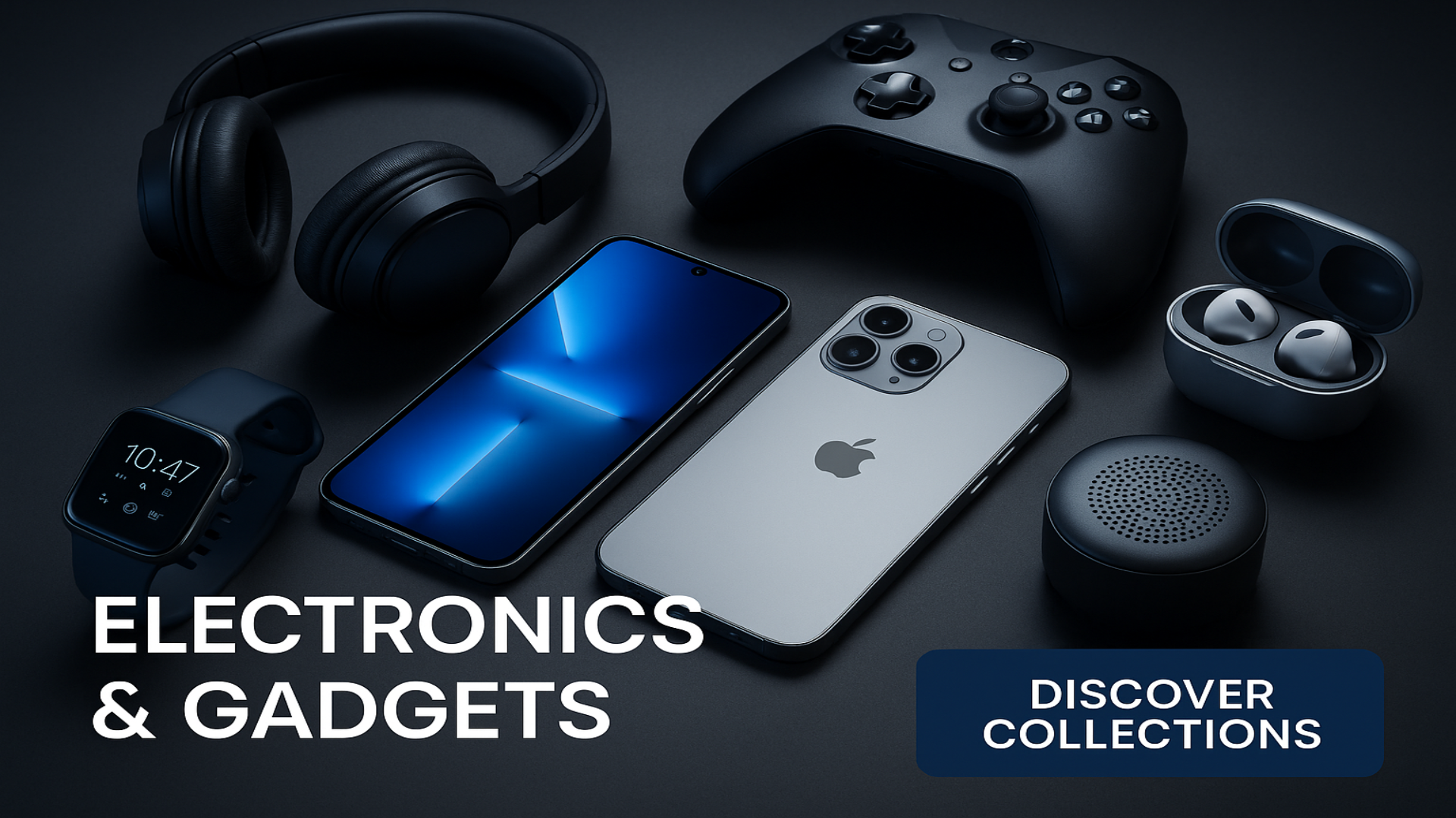 Collection of electronic devices including a phone, watch, headphones, and controller on a dark background with 'Electronics & Gadgets' text.
